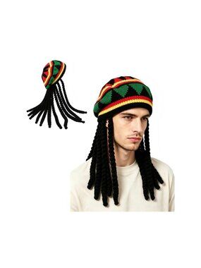 Rasta Hat With Dreadlocks Costume Jamaican Reggae Yellow Green Party Hat